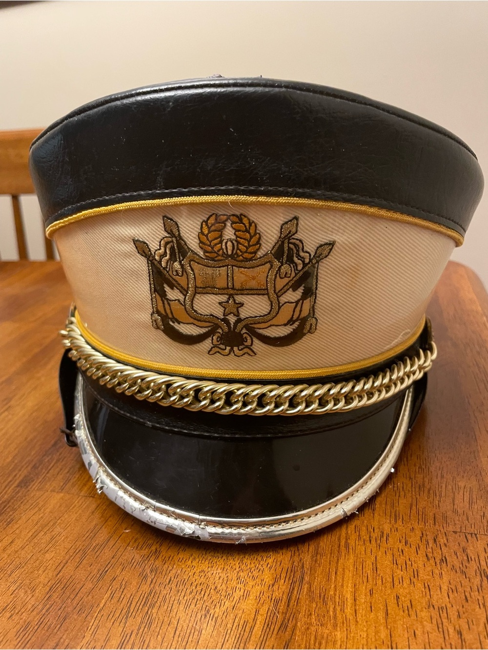 Vintage Black and Cream Marching Band Hat with Gold Chain